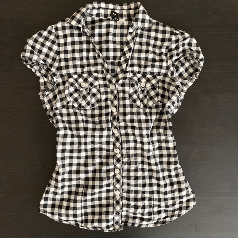 H&M Gingham Blouse Black White Size 2 XS